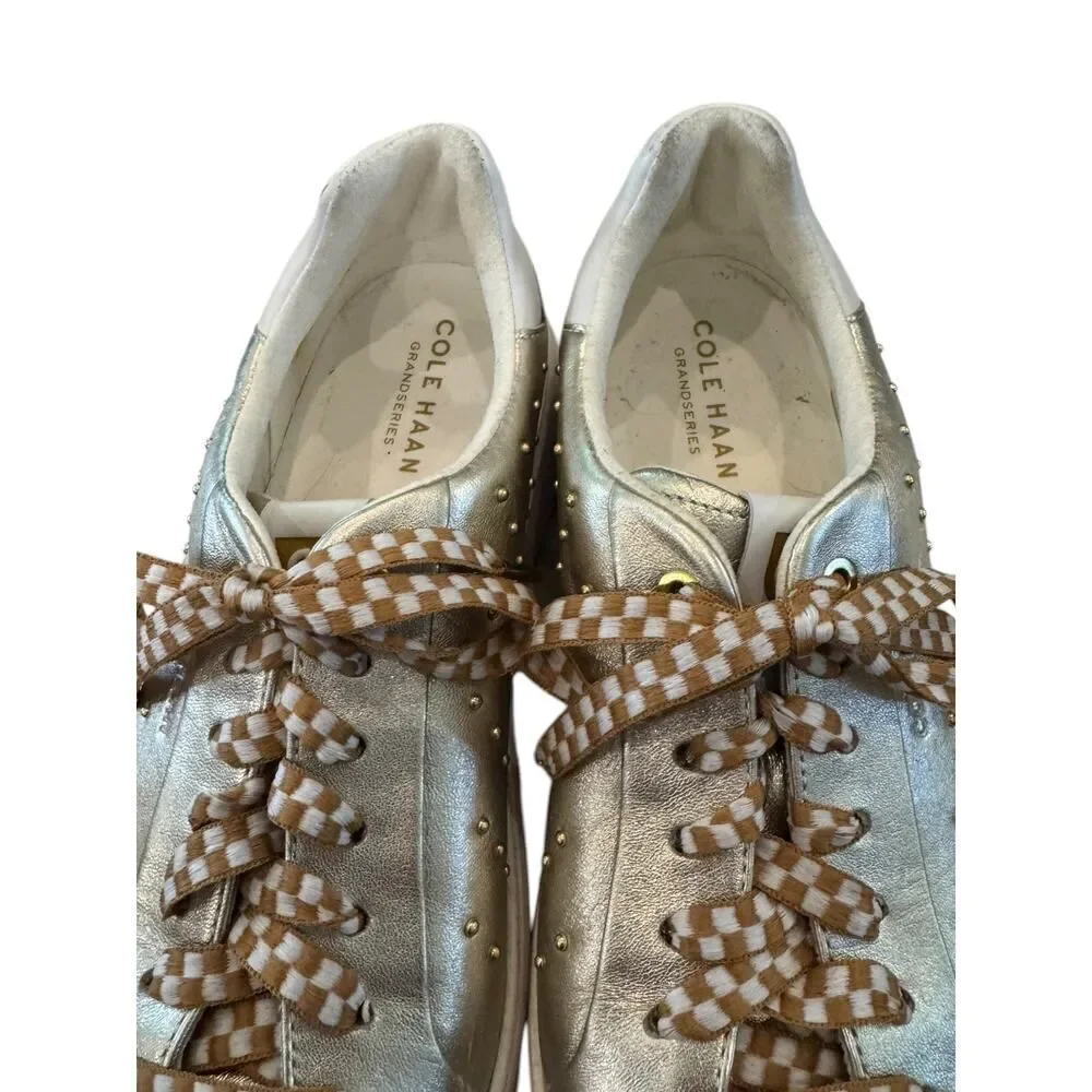 Cole Haan GrandPro Topspin Metallic Gold Studded Checkered Lace Sneakers 9.5